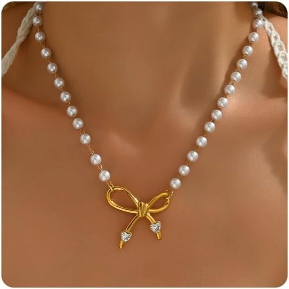 No Brand Jewelry - 🆕 Women Gold Bow Pearl Choker Necklace Dainty Fruit Charms Cherry Cuban Jewelry
